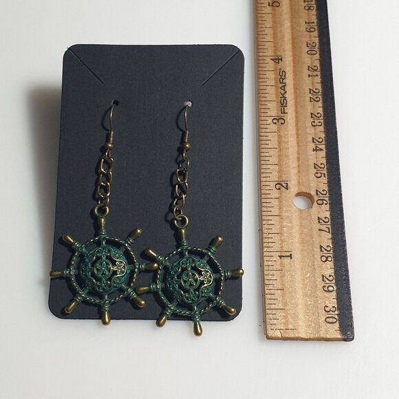 Nautical Ship Wheel Drop Earrings Antique Bronze Patina Chain Hook Dangle Beach - Picture 4 of 5